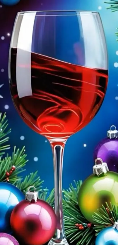 Wine glass with colorful holiday ornaments