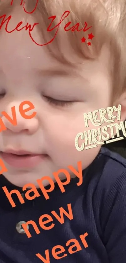 Close-up of child with holiday greetings and festive wishes on wallpaper.