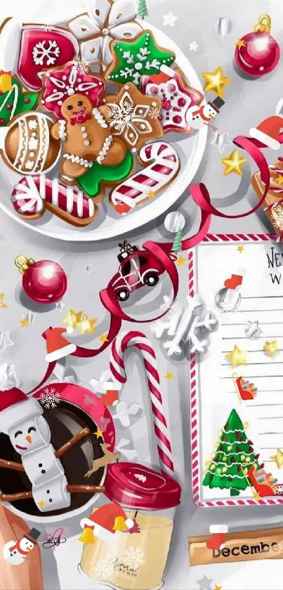 Festive holiday-themed wallpaper with Christmas cookies and a wishlist.