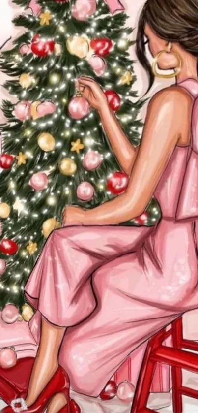 Woman in pink decorating a Christmas tree.