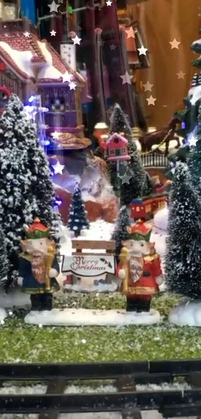 Festive Christmas display with nutcrackers and snowy trees.