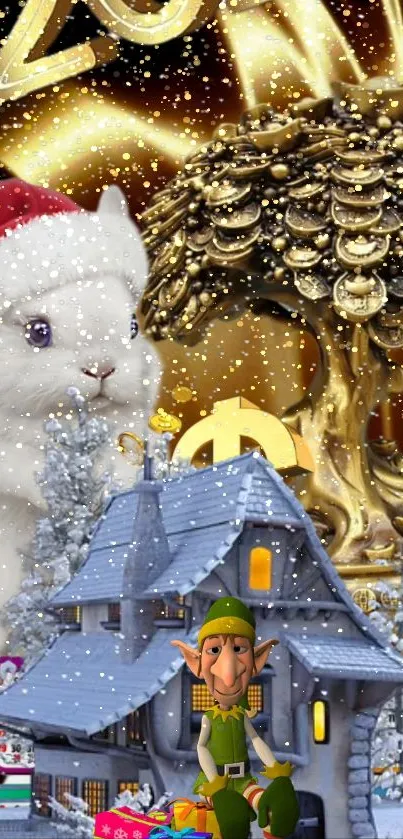 Festive holiday wallpaper with Santa rabbit, golden coins, elf, and snowy house.