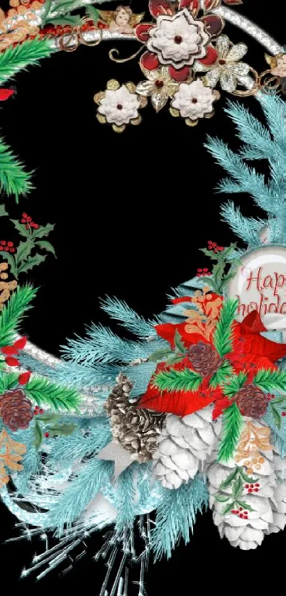 Festive teal holiday wreath with pine cones and floral accents on black background.
