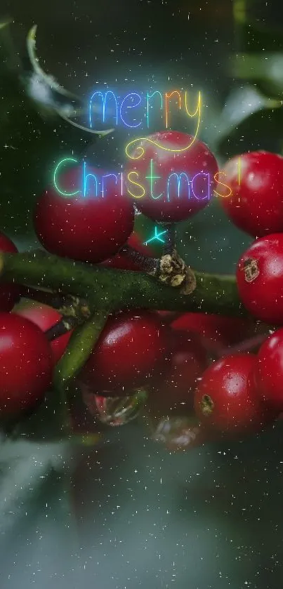Festive holly Christmas wallpaper with glowing text and red berries.