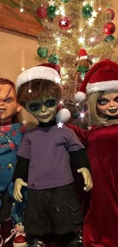 Three horror-themed dolls stand by a decorated Christmas tree.