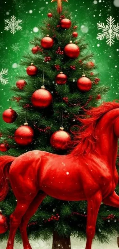 Red horse in front of decorated Christmas tree with snowflakes.