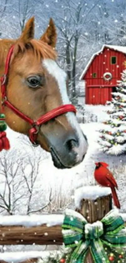 Horse with winter barn and snow-covered trees.