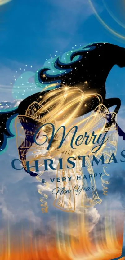 Merry Christmas wallpaper with black horse silhouette and festive blue sky.