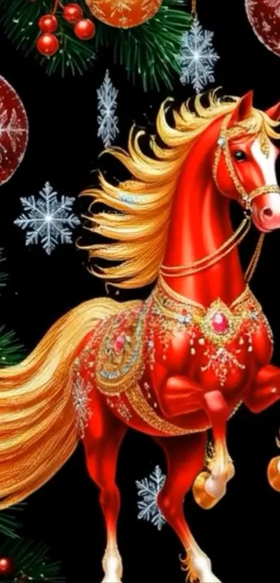 Christmas-themed wallpaper with a vibrant red horse and ornaments.