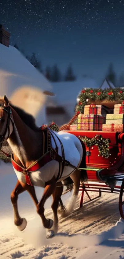 Horse-drawn sleigh with gifts in a snowy village, under starry night sky.