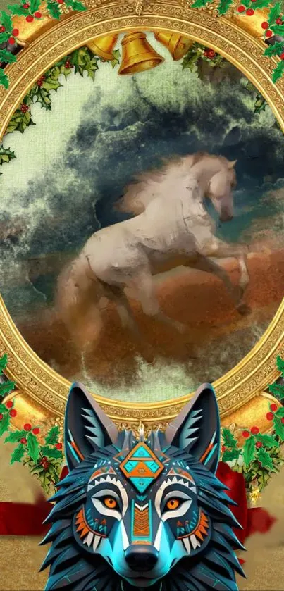 Festive wallpaper with horse and wreath, featuring stars and a red bow.