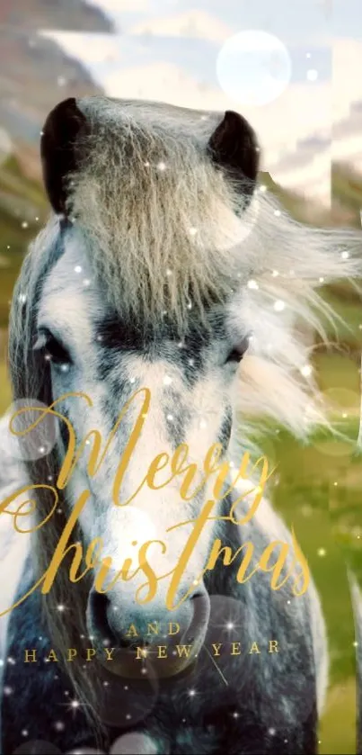 Horse with Merry Christmas text in snowy, green landscape wallpaper.