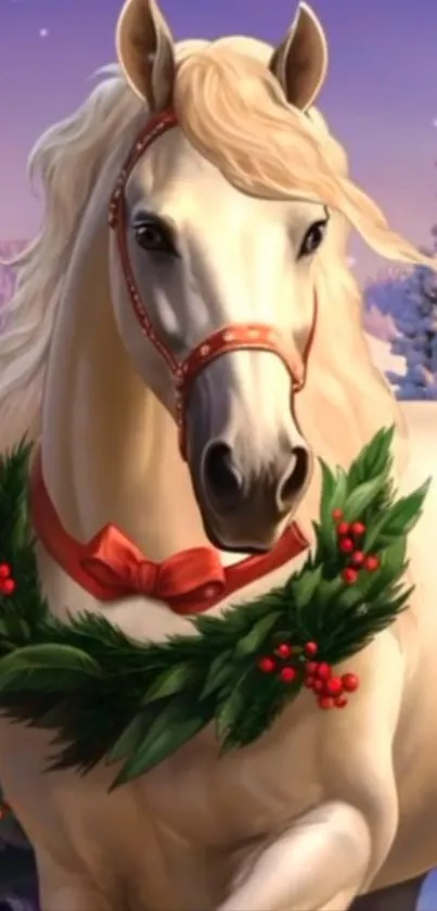Festive horse adorned with a wreath in a snowy winter setting.