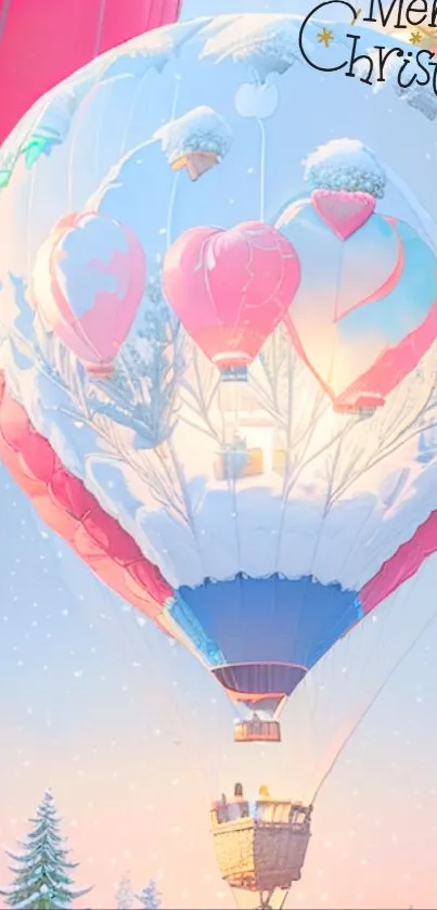 A festive hot air balloon scene with Merry Christmas text in snowy landscape.