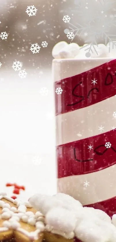 Festive red and white mug with cocoa and holiday cookies.