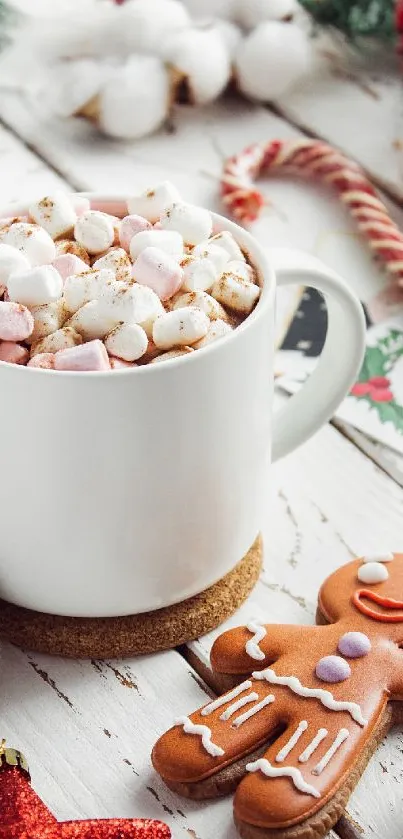 Festive wallpaper with hot cocoa and gingerbread.