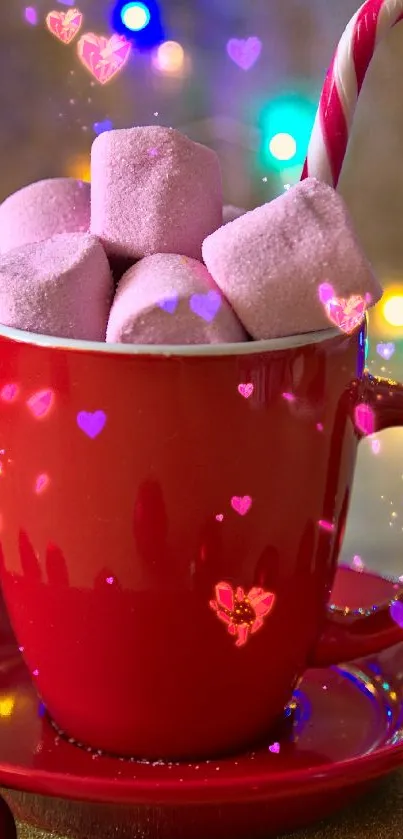 Red mug of cocoa with marshmallows and holiday decor.