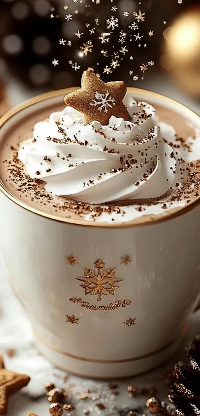 Festive mug of hot cocoa with whipped cream and star cookie.