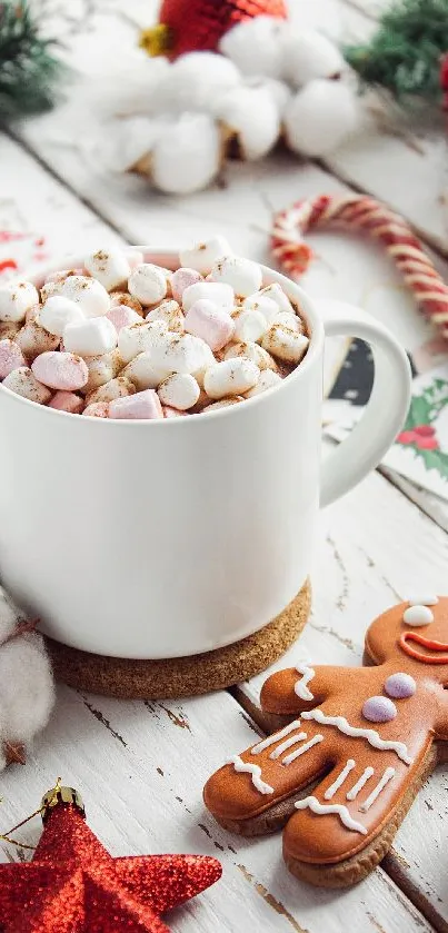 White mug with hot cocoa and marshmallows, surrounded by Christmas decor.