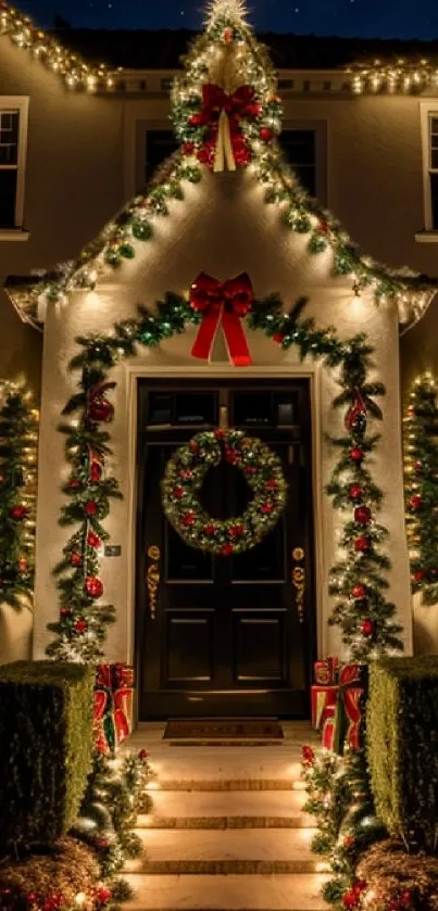 Festive house with Christmas lights and decorations.