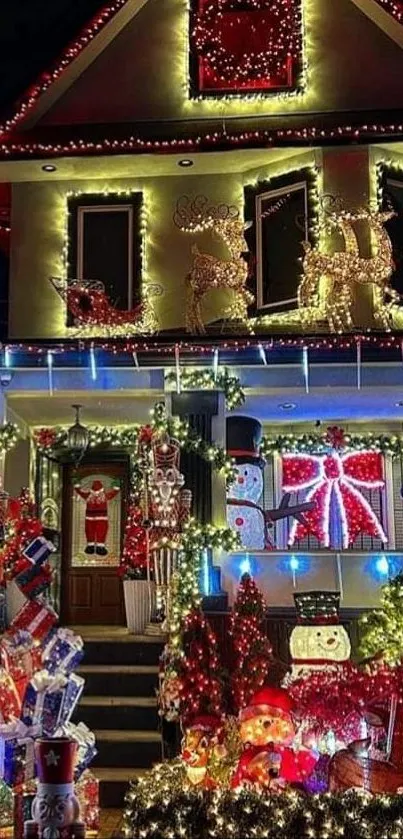 Festive house with bright Christmas lights and decorations at night.