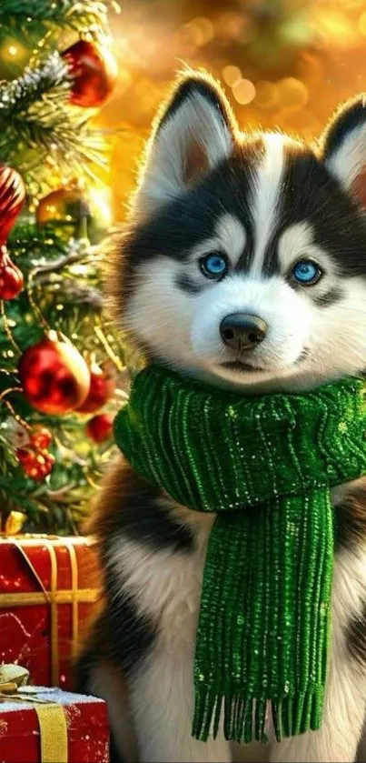 Husky puppy with a green scarf by a Christmas tree.