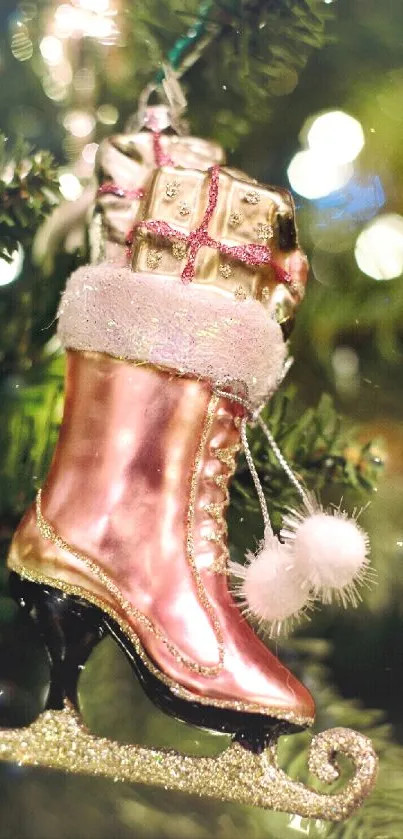 Festive pink ice skate ornament on Christmas tree.