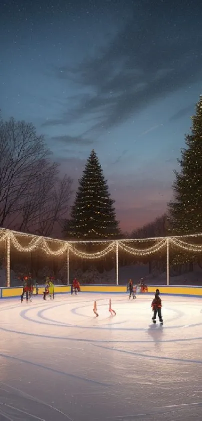 Ice skating under festive lights at night with Christmas trees.