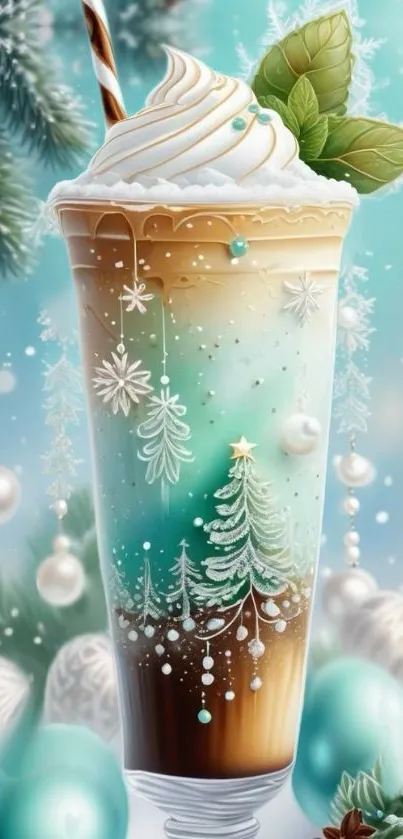 Festive iced coffee with snowflake design and holiday decorations on turquoise background.