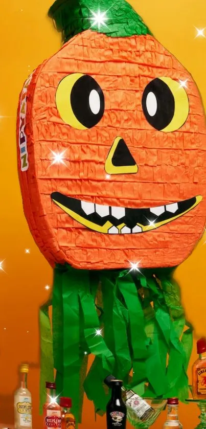 Smiling Jack-o'-Lantern with sparkling lights on orange background, festive decor.