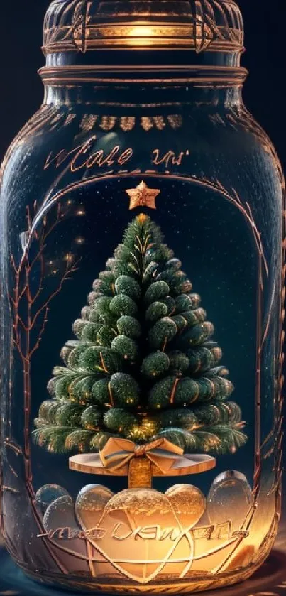 Christmas tree in a glowing jar mobile wallpaper.
