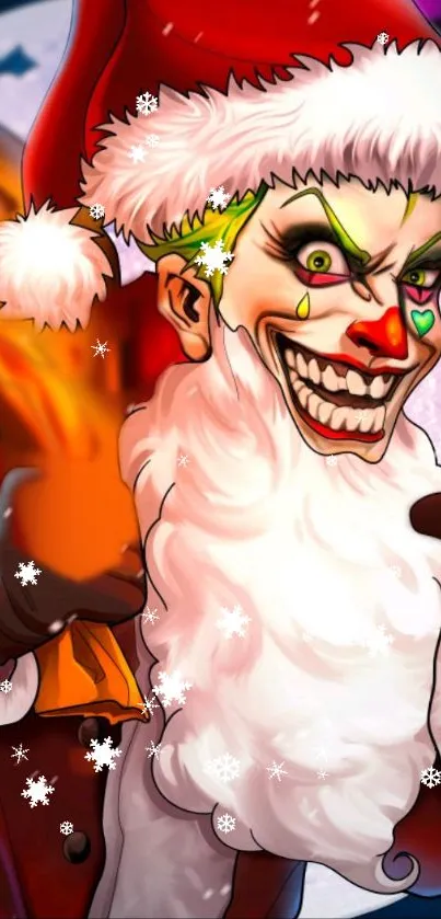 A festive joker clown dressed as Santa with a mischievous grin.