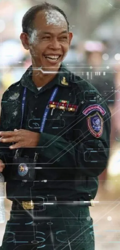 Smiling man in uniform during a festive event.