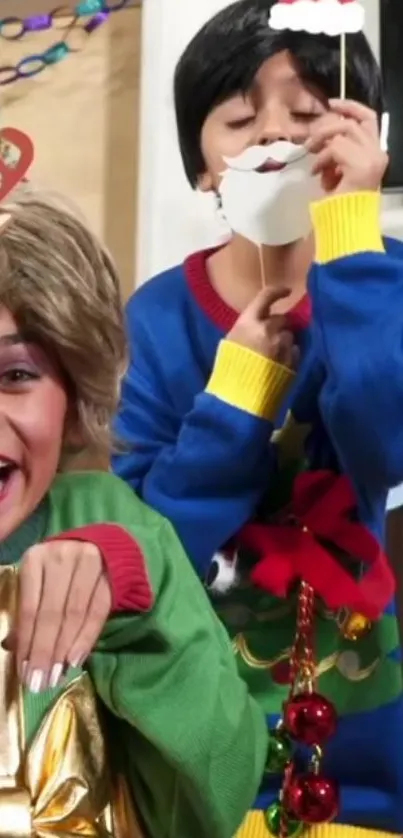 Kids in festive and colorful Christmas sweaters, joyfully posing.