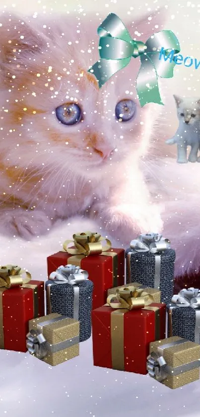 Adorable kitten with gifts on fluffy background.