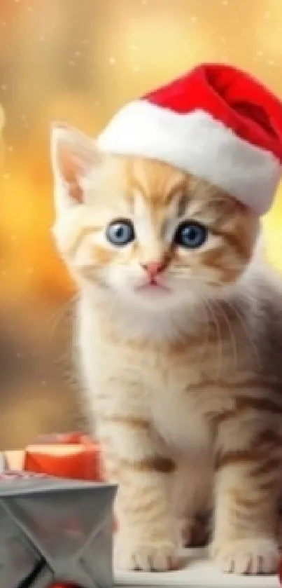 Festive kitten in Santa hat with gifts and Christmas background.