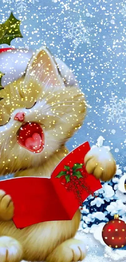 Christmas kitten singing with festive background and snowflakes.