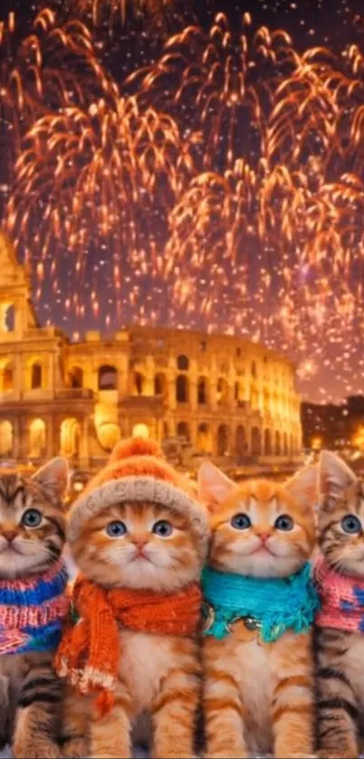 Kittens in colorful scarves by the Colosseum with fireworks.