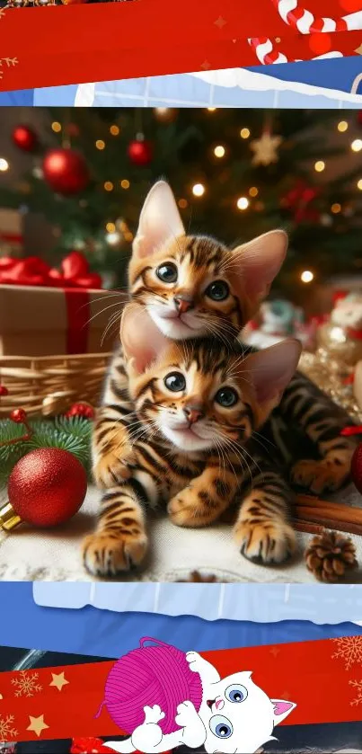 Kittens nestled among festive Christmas decorations with red ornaments.