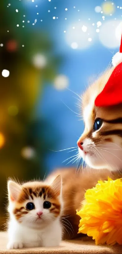 Cute kittens wearing Santa hats with holiday background.