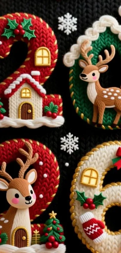 Knitted festive design with deer and Christmas elements.