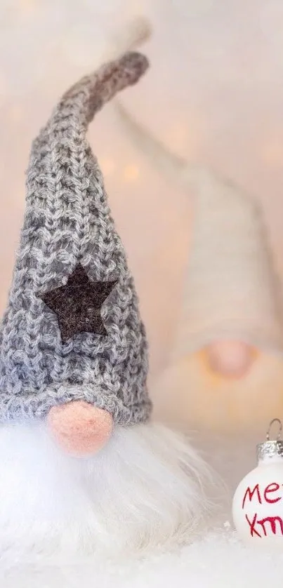 Knitted gnome with Christmas ornament and festive decor.