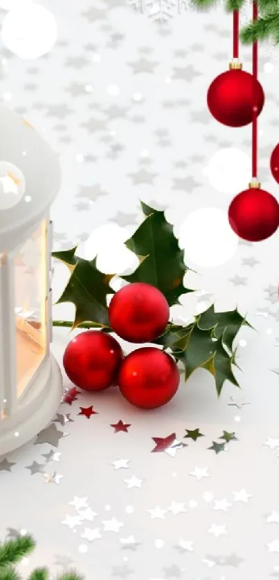 Cozy lantern with red ornaments and holly on a starry festive background.