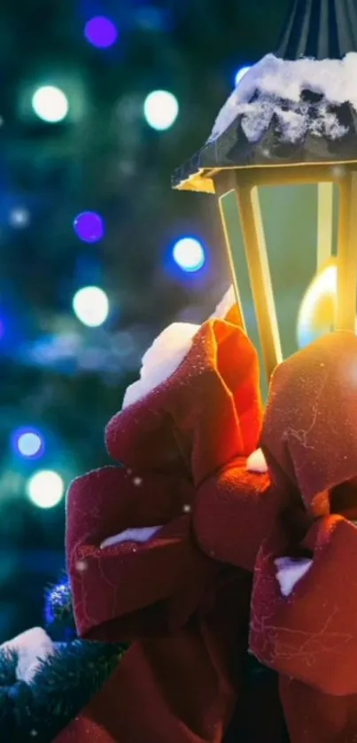 Festive Christmas lantern with red ribbon and glowing lights.