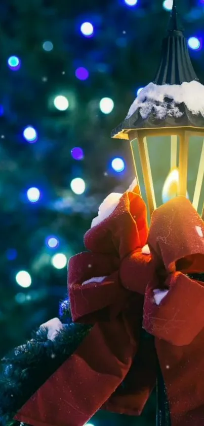 Festive lantern with red ribbons and bokeh lights on mobile wallpaper.