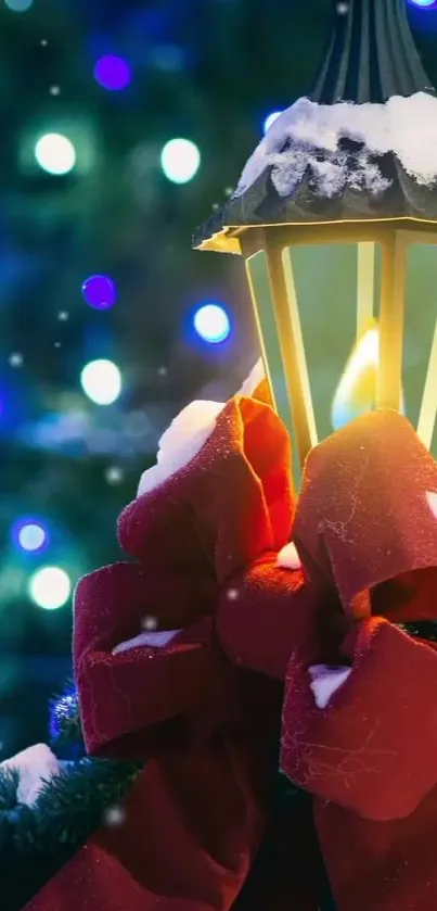 Snow-covered lantern with red bow and Christmas lights.