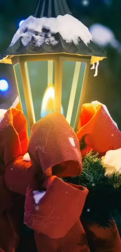 Festive lantern with red ribbons and snow, glowing warmly against a wintery backdrop.