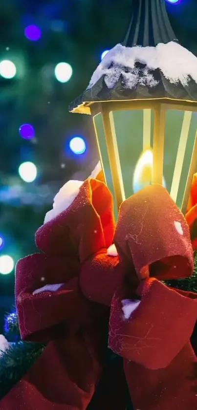 Festive lantern with red bows on a snowy night background.