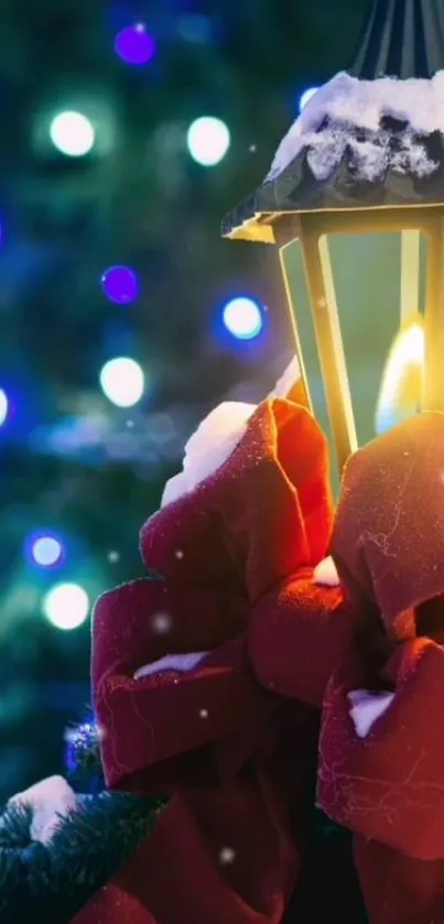 Festive lantern with red bow and snowy accents.