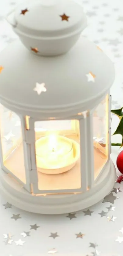 White lantern with candle and Christmas stars background.